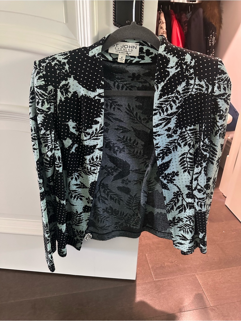 St. John Black and Light Blue Floral-Print Open Cardigan
